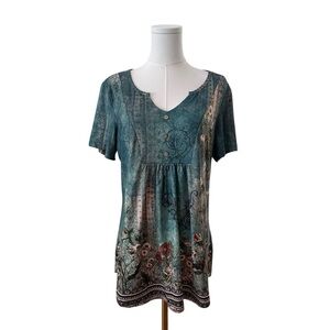 Women's Large Stretchy Green Floral Fitted Flare Short Sleeve Casual Blouse Top